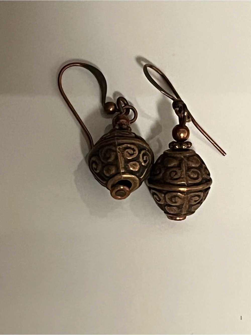 Antique-Style Copper Swirl Bead Drop Earrings -